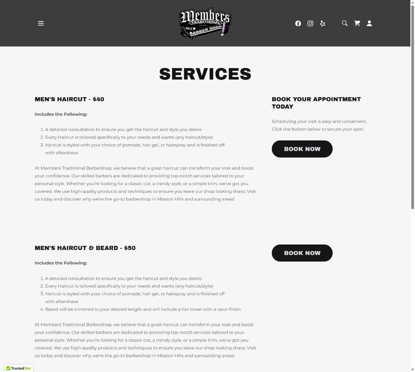 Client Services page with haircut information and Book Now buttons