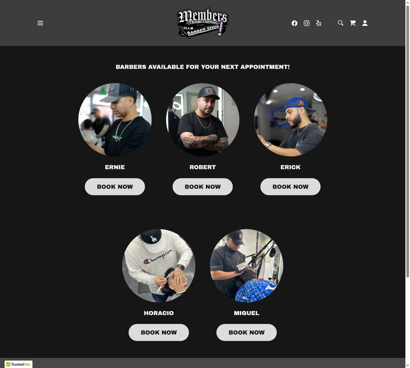 Client Staff page showing barber portraits, names, and individual Book Now buttons